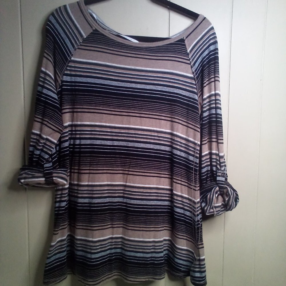 Calvin Klein Performance M Long Roll Tab Sleeve Stripe Brown Black